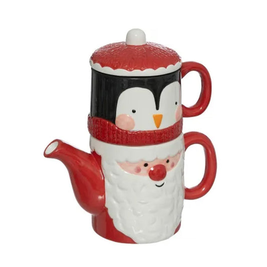 Théière et tasse Père Noël pingouin